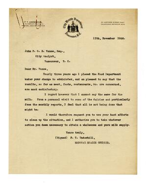 Letter to Vance from F.T. Underhill, Medical Health Officer: 11-Nov-26