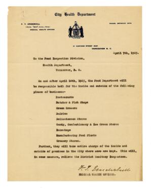 Letter to the Food Inspection Division, Health Department from F.T. Underhill, Medical Health Officer: 07-Apr-25