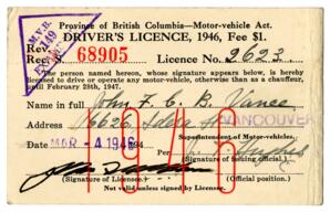 Province of BC Drivers Licence: 04-Mar-46