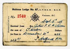 Melrose Lodge No. 67 membership card: 05-Sep-56