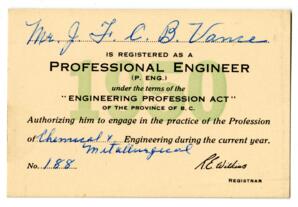 Professional Engineers of BC registration card: 01-Jan-50