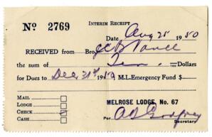 Melrose Lodge No. 67 membership card: 25-Aug-50