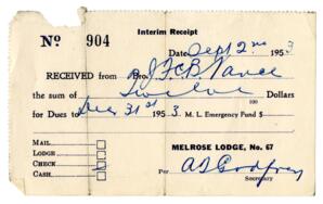 Melrose Lodge No. 67 membership card: 02-Sep-53