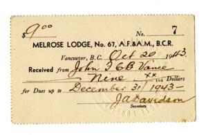 Melrose Lodge No. 67 membership card: 20-Oct-43