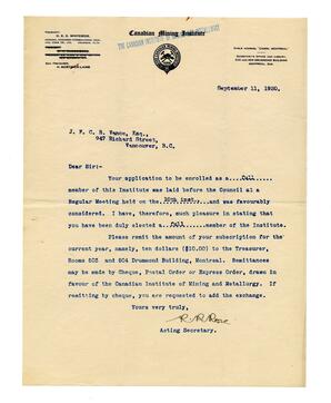 Letter to Vance from R.R. Rose: 11-Sep-20