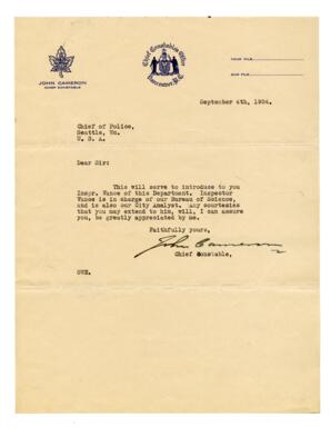 Letter from John Cameron to Chief of Police in Seattle, Washington: 04-Sep-34