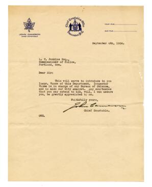 Letter from John Cameron to L.V. Jenkins Esq., Commissioner of Police of Portland, Oregon: 04-Sep-34
