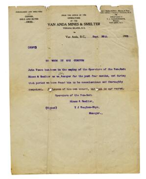 Copy of a letter from T.J. Vaughn-Rhys, the Manager of Van Anda Mines & Smelter: 26-Sep-03