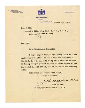 Letter from Vance, to Colonel Milne: 26-Jan-16