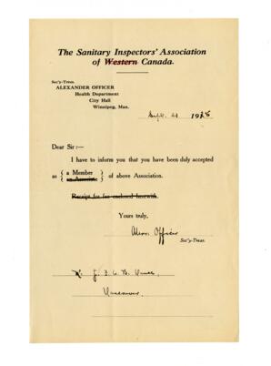Letter of Membership acceptance to the Sanitary Inspector's Association: 21-Sep-18