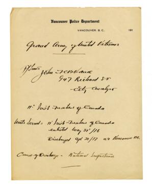 Course discharge for Vance from Vancouver Police Department: [191-]