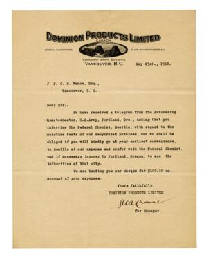 Letter to Vance from the manager of Dominion Products Limited: 23-May-18