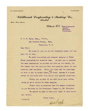 Letter to Vance from the Chilliwack Evaporating and Packing Co., Limited: 27-Aug-17
