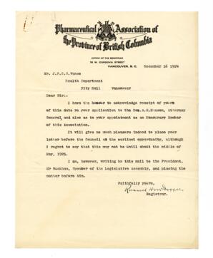 Letter to Vance, from the Registrar of the Pharmaceutical Association of the Province of British Columbia: 16-Dec-24