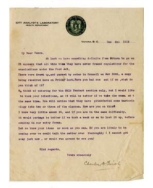 Letter to Vance from Charles Birch, Health Department, City Analyst's Lab: 02-Dec-12
