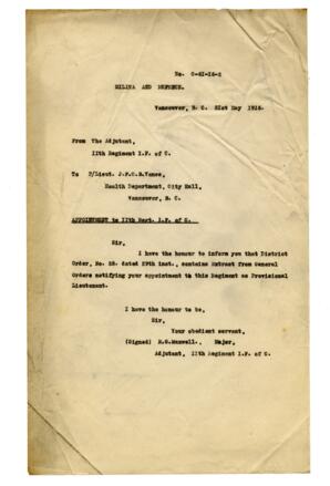 Letter to Vance from R.G. Maxwell, Major, 11th Regiment: 31-May-16