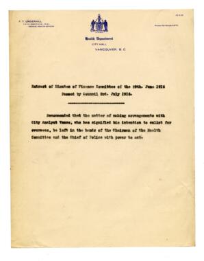 Note by F.T. Underhill, Health Department, Vancouver: 29-Jun-16