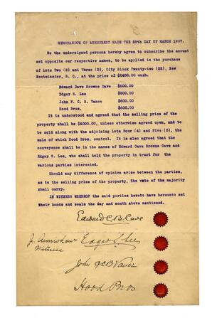 Memorandum of Agreement between Edward Cave, Edgar Lee, John Vance, Hood Bros.: 28-Mar-07