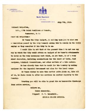 Letter to Col. McSpadden, 11th Irish Fusiliers of Canada from F.T. Underhill: 07-Jul-16