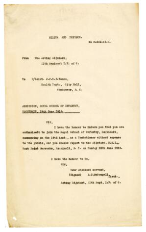 Letter to Vance from R.J. McDougall, 11th Regiment: 19-Jun-16