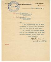 Letter to Vance from R.C. Buchanan, Lieutenant, Militia and Defence Office
