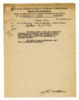 Letters to Vance, from E.A Wheatley regarding a Report on Application for a License to Engage in the Practice of the Profession of Chemical Engineering for Drennan Hincks, by Vance