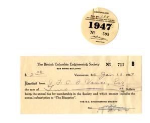 Receipt and membership certificate from The Association of Professional Engineers: 16-Jan-47