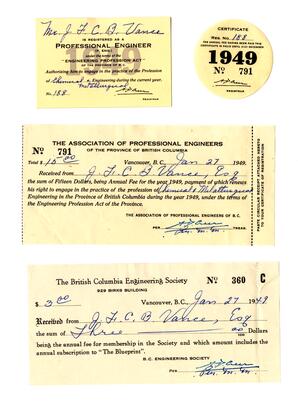 Receipts, membership certificate, and membership card from The Association of Professional Engineers: 27-Jan-49