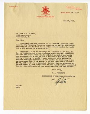 Letter to Vance from R.A. Pennington: 17-Jun-49