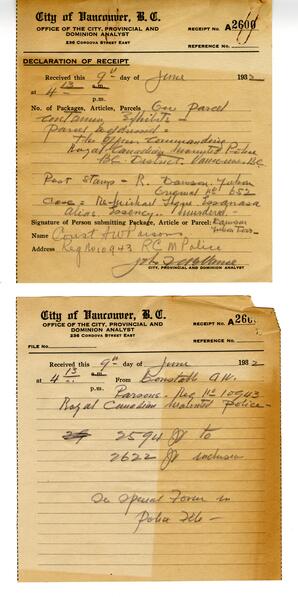 Declaration of Receipt, Office of City, Provincial and Dominion Analyst: 09-Jun-32
