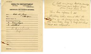 Health Department: Certificate and Exhibits Returned: 15-Oct-34