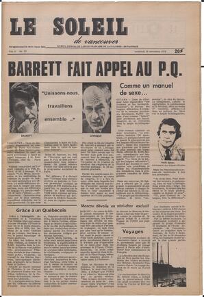 Le Soleil de Vancouver, November 16, 1973, page 1