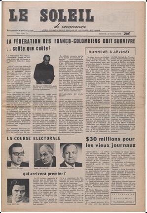 Le Soleil de Vancouver, October 12, 1973, page 1