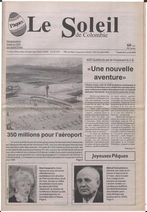Le Soleil de Colombie, April 2, 1993, page 1