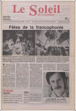 Le Soleil de Colombie, October 23, 1992, page 1