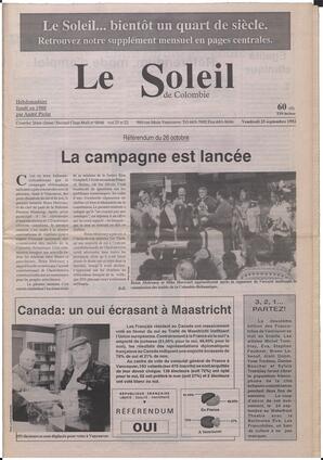 Le Soleil de Colombie, September 25, 1992, page 1