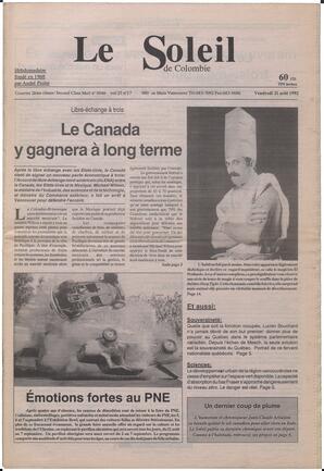Le Soleil de Colombie, August 21, 1992, page 1