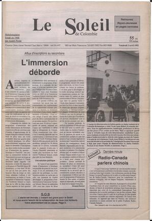 Le Soleil de Colombie, April 3, 1992, page 1