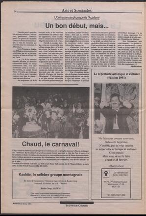 Le Soleil de Colombie, February 15, 1991, page 14