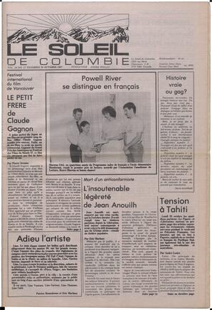 Le Soleil de Colombie, October 30, 1987, page 1