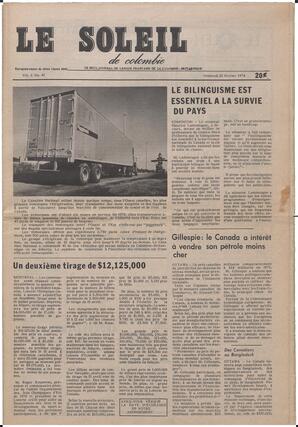 Le Soleil de Colombie, February 22, 1974, page 1