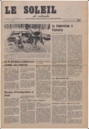 Le Soleil de Colombie, February 1, 1974, page 1