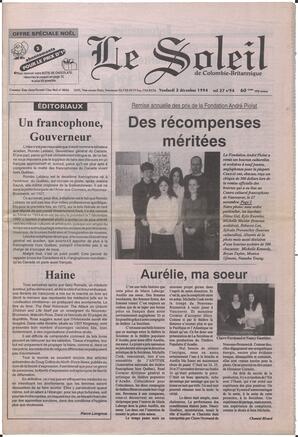 Le Soleil de Colombie-Britannique, December 2, 1994, page 1