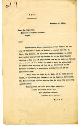 Letter to William Templeman, Minister of Inland Revenue, Ottawa from L.D. Taylor, Mayor: 20-Feb-11