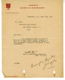 Letter to Vance from "J" Unit Medical Director, Department of Soldiers' Civil Re-establishment