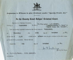 Summons to Witness to Give Evidence: 09-Oct-34