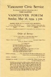 Royal Visit - Vancouver Civic Service programme: 28-May-39