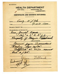 Certificate and Exhibits Returned - Health Department: 11-Aug-36