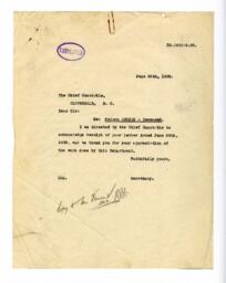 Letter sent to Vance from Secretary