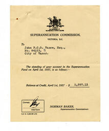 Account balance for Vance Superannuation fund as of April 1, 1936: 01-Apr-37